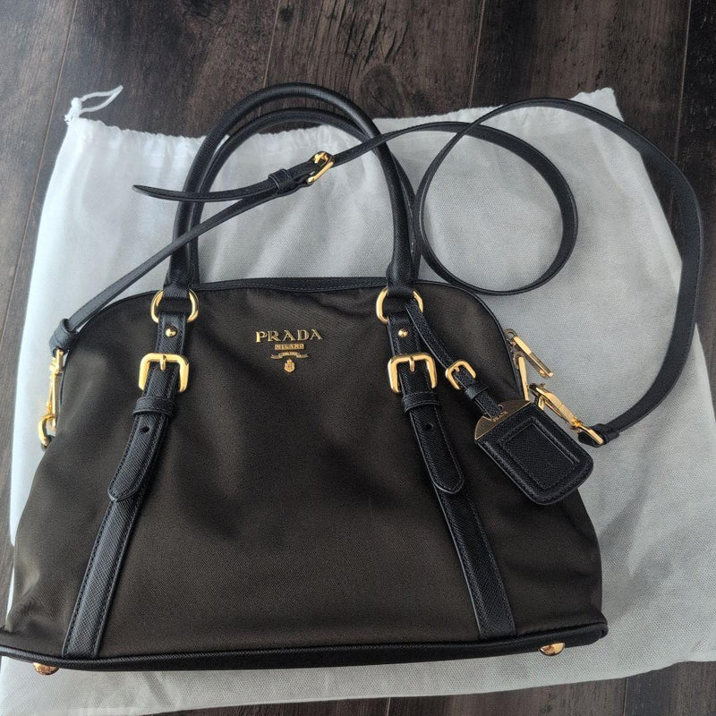 Prada 1BB013 Saffiano Leather Tessuto Nylon 2-Way Shoulder Handbag Khaki