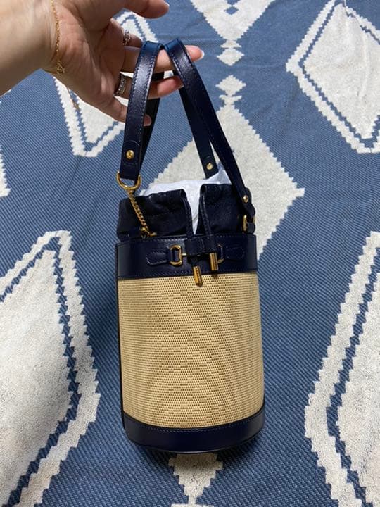 Gucci Bucket Bag Linen Raffia Beige Handbag Shoulder Crossbody