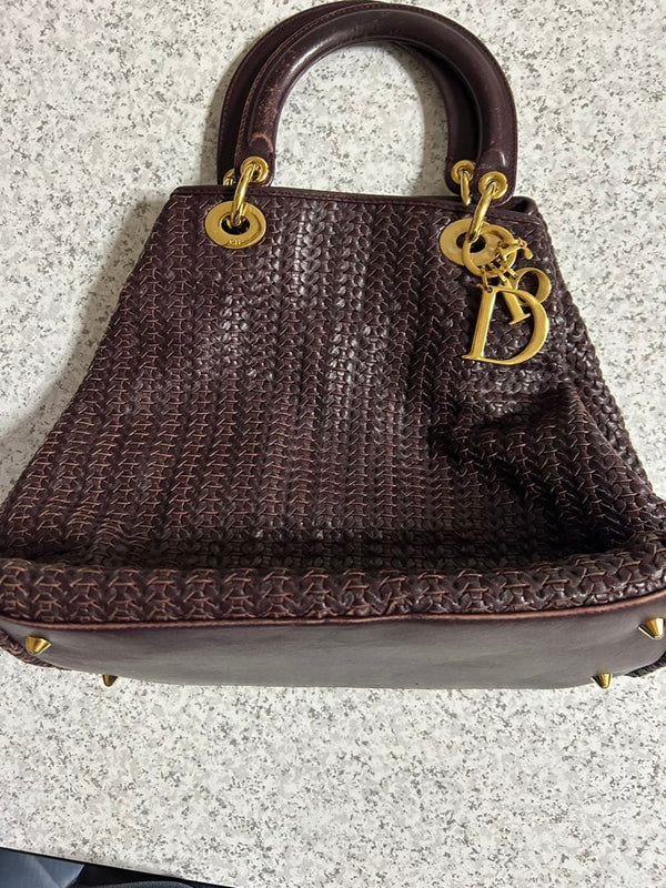 Christian Dior Tote Bag Dark Brown Braided Material Gold Hardware