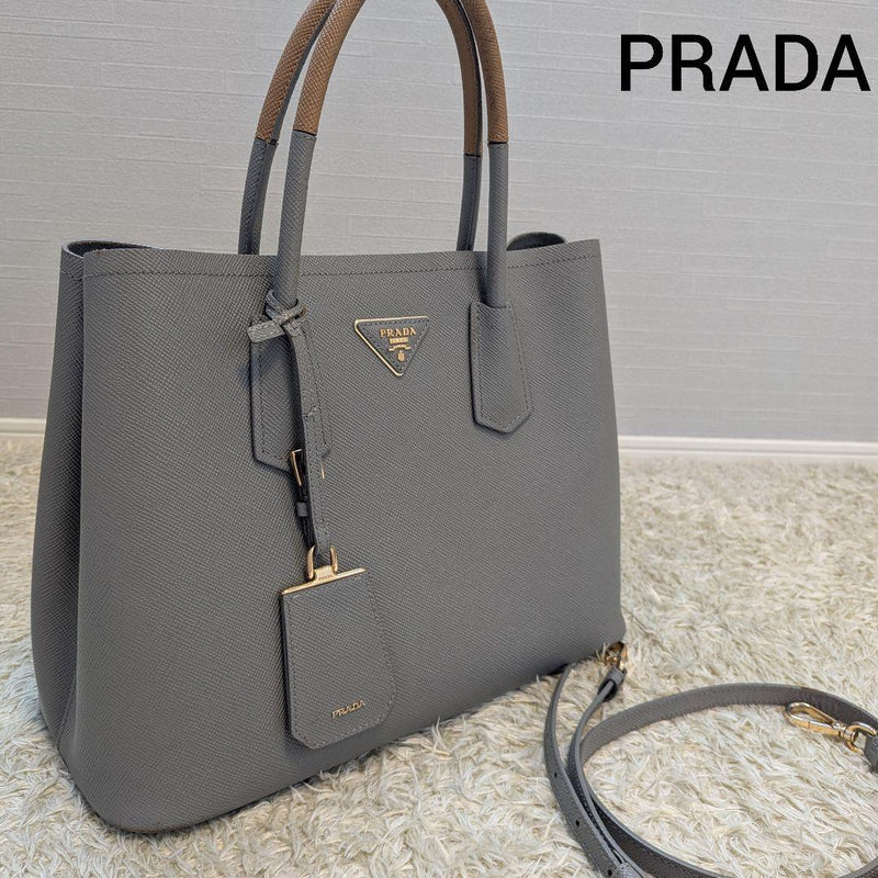 Prada Saffiano Leather 2-Way Handbag Shoulder Bag Greige Gray