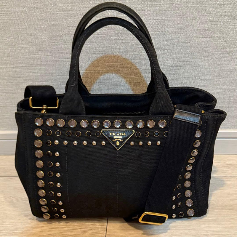 Prada Canapa 1BG439 Tote Bag Shoulder Bag Denim Gray Canvas Studs