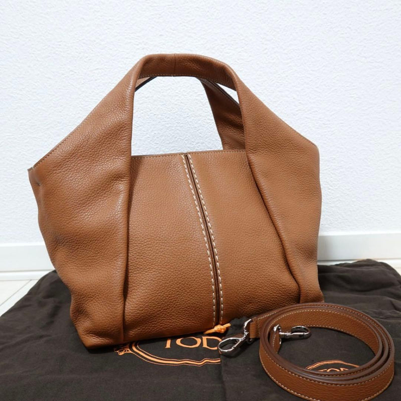 Tods Shirt Bag Handbag Tote 2-way Leather Brown Camel Shoulder Bag