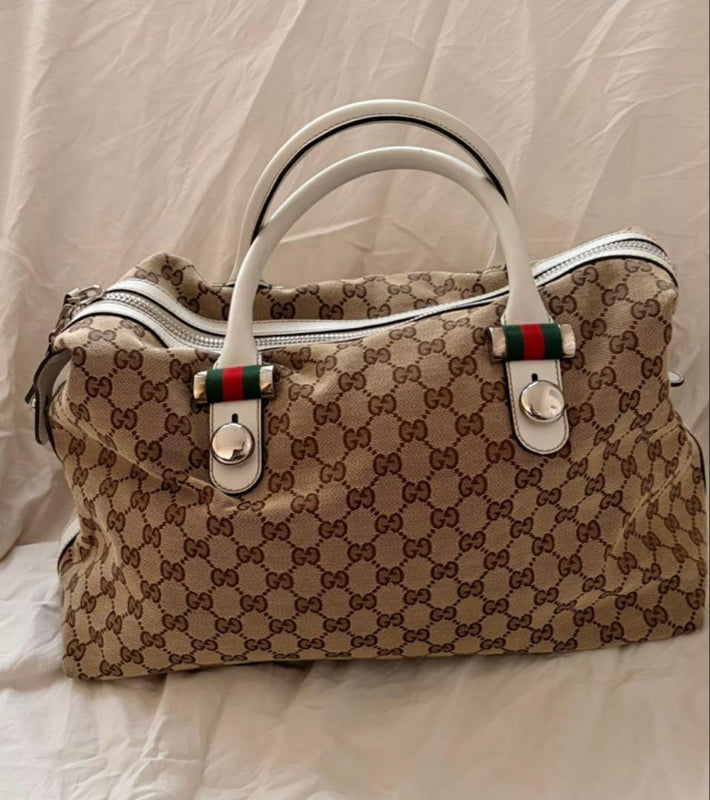 Gucci Gg Pattern Handbag Tote Bag Canvas Leather Beige White