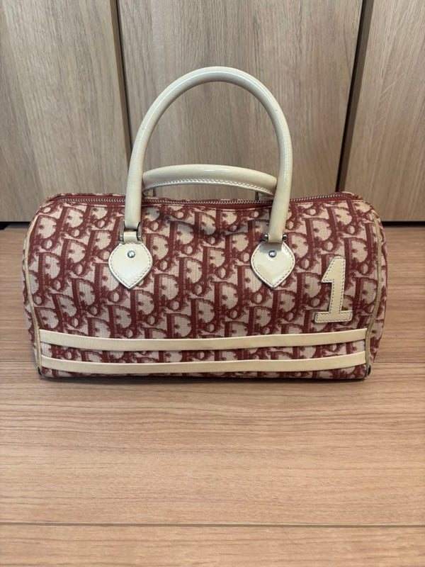 Dior Logo Pattern Handbag Canvas Leather Pink Ivory Mini Boston Bag
