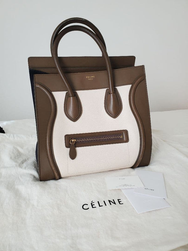 Celine Luggage Mini Handbag Drummed Calfskin Khaki White Navy Tote Bag