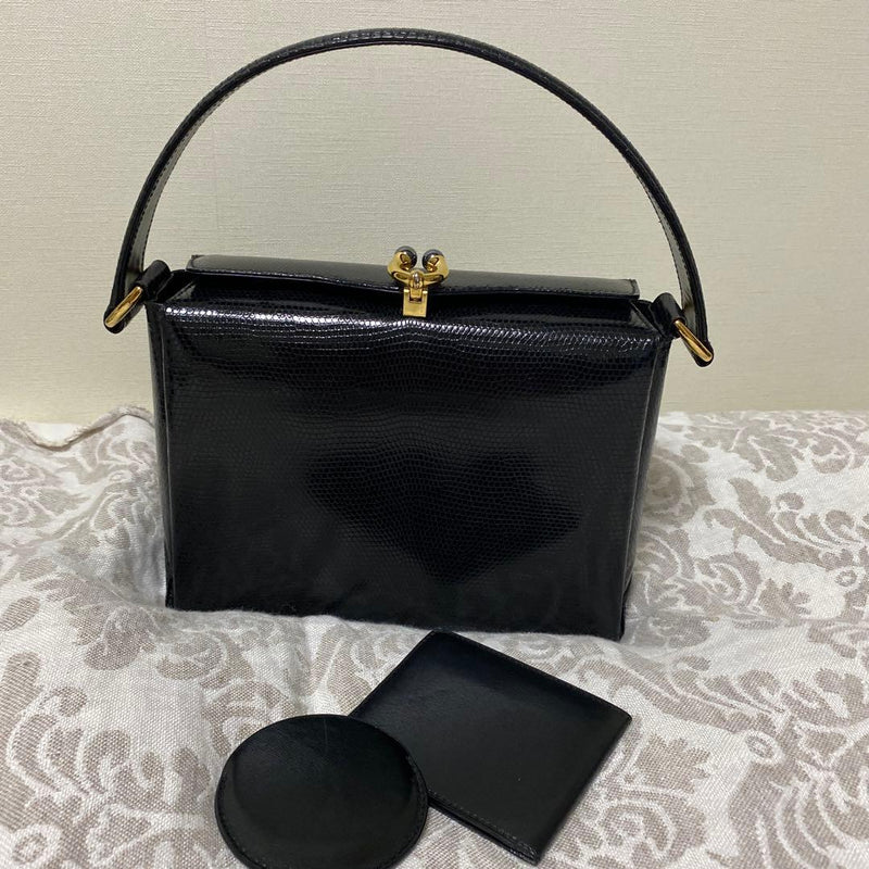 Old Gucci Lizard Handbag Shoulder Bag Black Leather
