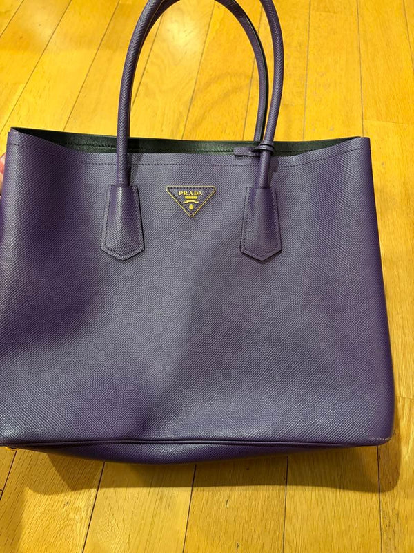 Prada Saffiano Cuir Double Bag Handbag Tote Cowhide Leather Purple