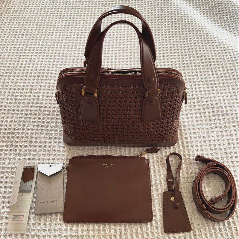 Giorgio Armani Handbag Shoulder Bag Brown Leather Tote With Pouch Strap