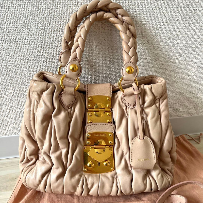 Miu Miu Matelasse Shoulder Bag Leather Pink Beige 2-Way
