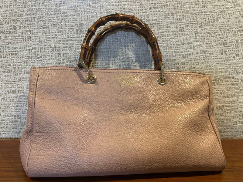 Gucci Bamboo Handle Tote Bag Leather Pink Beige Shoulder Bag