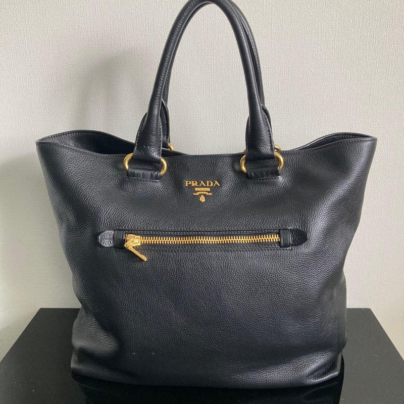 Prada Handbag Shoulder Bag Tote Black Pebbled Leather