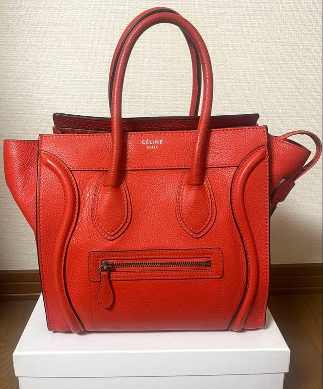 Celine Luggage Medium Handbag Leather Orange Silver Hardware