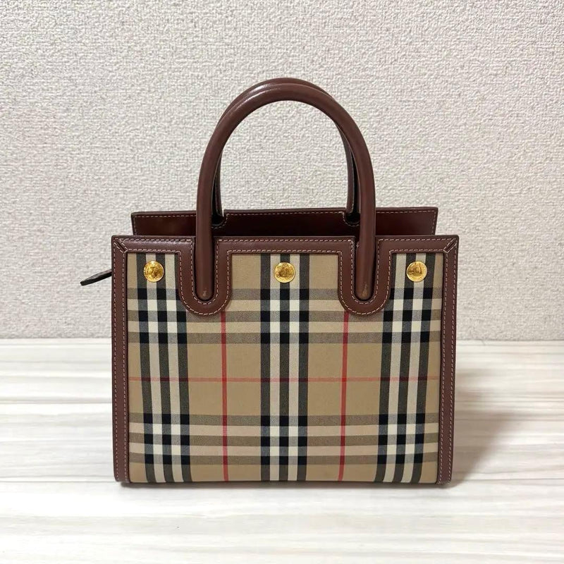 Burberry Plaid Check Mini Bag Handbag Shoulder Tote Gold Hardware