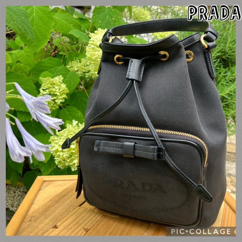 Prada Logo Jacquard 1BH038 Handbag Shoulder Bag Black Leather Gold Hardware