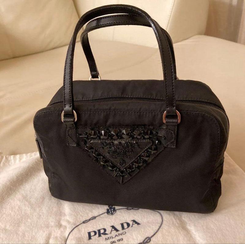Prada Triangle Logo Bijou Mini Boston Handbag Black Nylon Leather