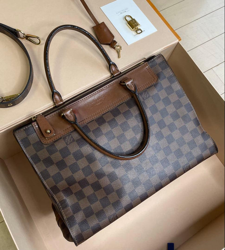 Louis Vuitton Grinidge Damier Ebene Shoulder Bag Canvas Leather Brown Gold