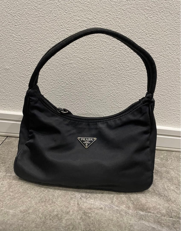Prada Nylon Handbag Black Triangle Logo Tote Shoulder Bag