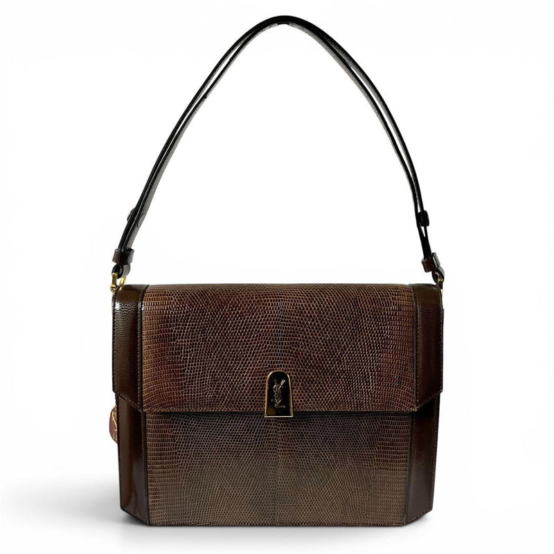 Yves Saint Laurent Cassandra 2way Shoulder Bag Lizard Leather Brown Jra