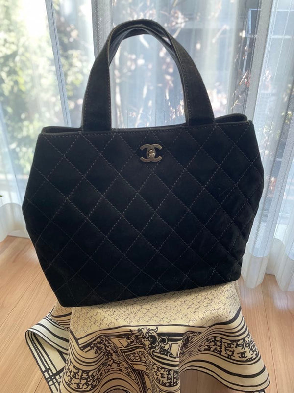 Chanel Wild Stitch Double Handle Shoulder Bag Suede Black
