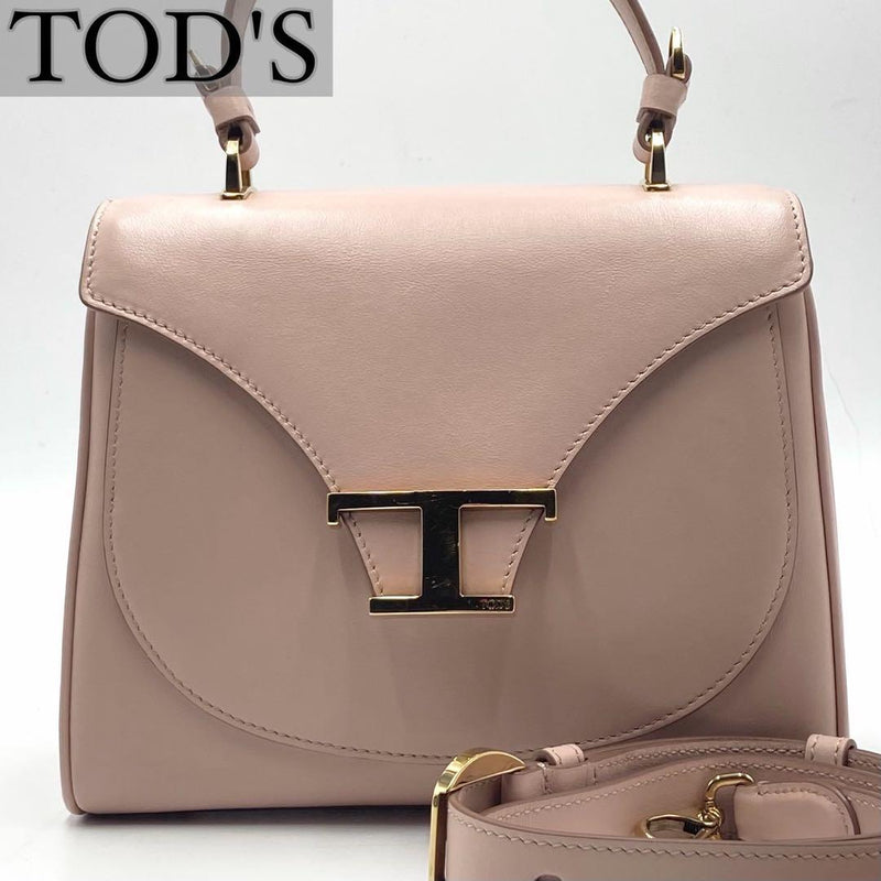 Tods T Timeless Logo 2-Way Handbag Shoulder Bag Pink Beige Leather