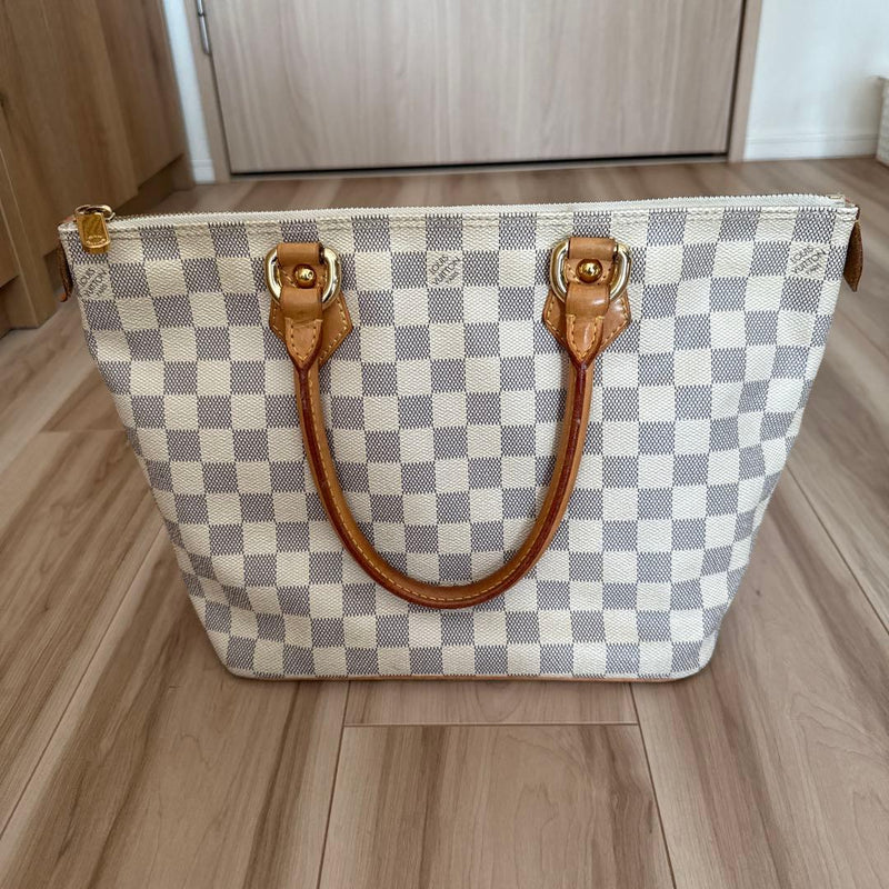 Louis Vuitton Damier Azur Saleya Pm Handbag Canvas Natural Leather Gold Hardware