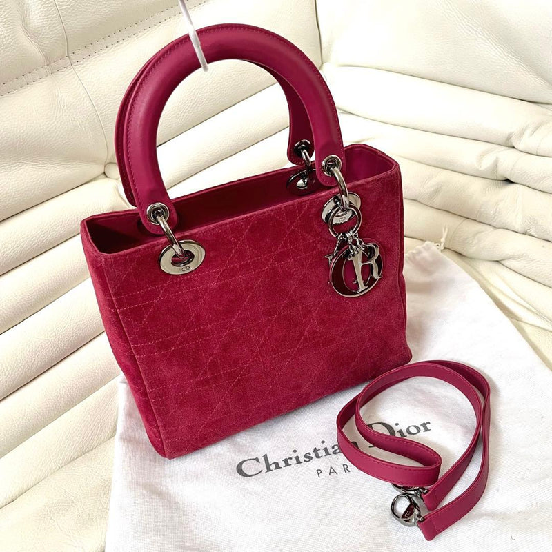 Christian Dior Lady Dior Cannage 2WAY Handbag Shoulder Bag Suede Pink Silver