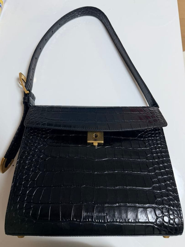 Balenciaga Crocodile Embossed Shoulder Bag Leather Black Antique Gold Hardware