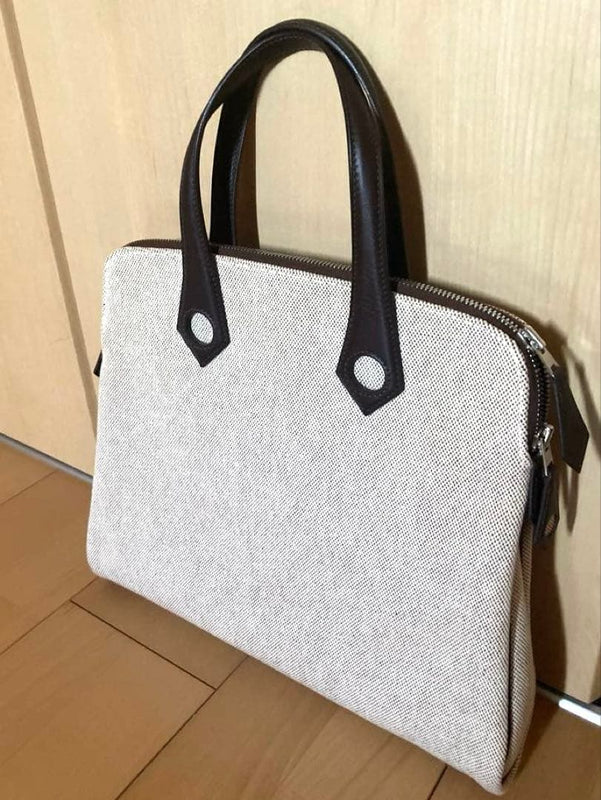 Hermes Sac Ebout Handbag Tote Canvas Beige Dark Brown Handle