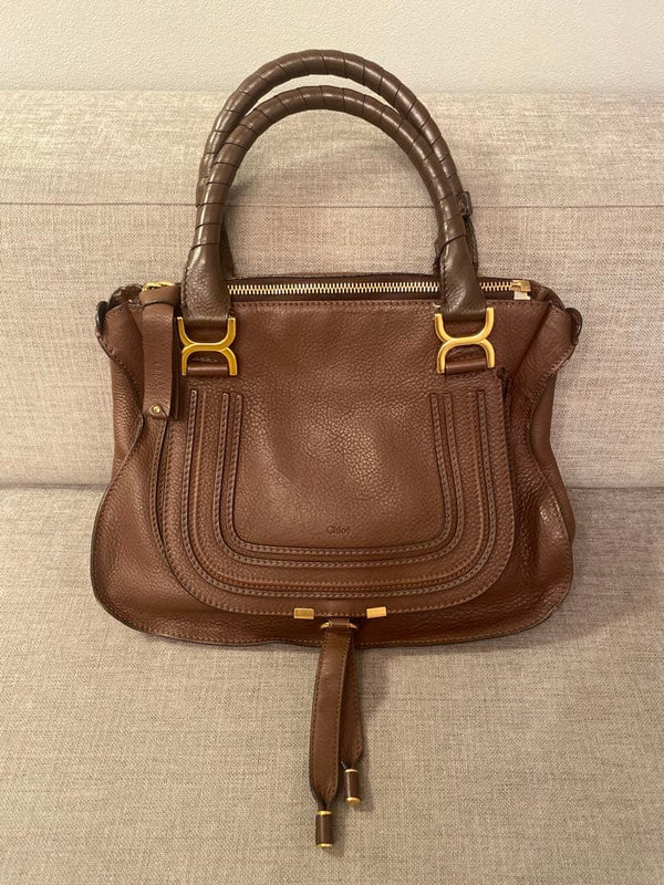 Chloe Marcie Handbag Leather Brown Light Blue Stitching