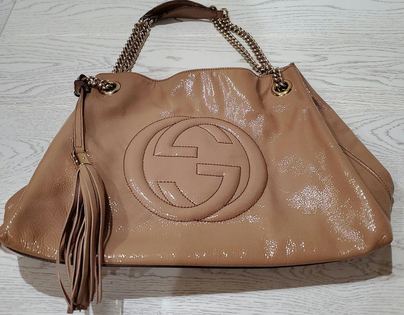 Gucci Soho Chain Tote Bag Leather Pink Beige Handbag