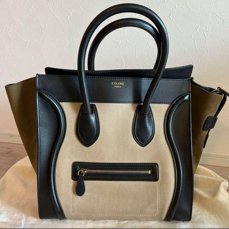 Celine Luggage Mini Shopper Handbag Suede Leather Beige