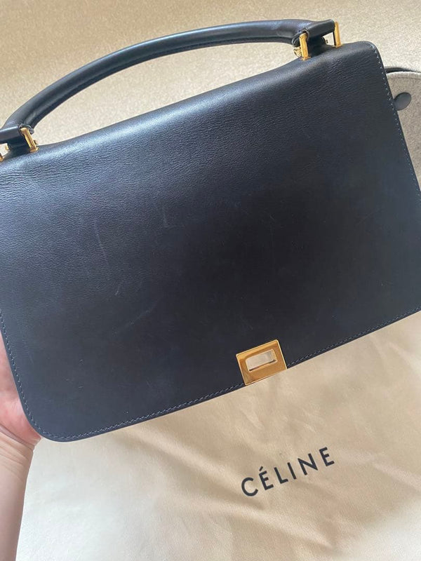 Celine Trapeze Handbag Shoulder Bag Black Gray Felt Leather