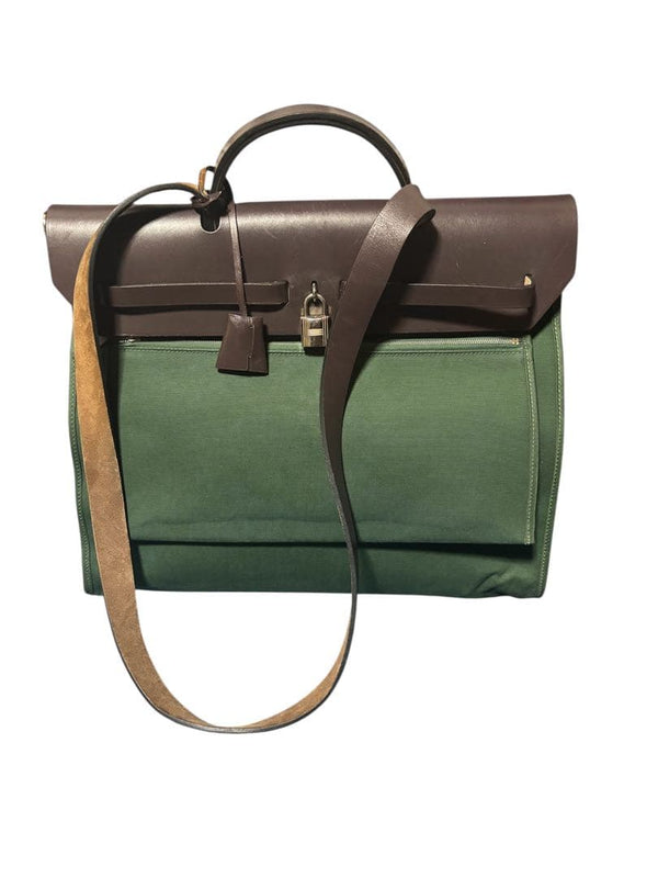 Hermes Herbag Zip Shoulder Bag Handbag Canvas Leather Green
