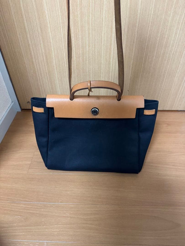 Hermes Herbag Toile H 2WAY Handbag Shoulder Bag Black Beige