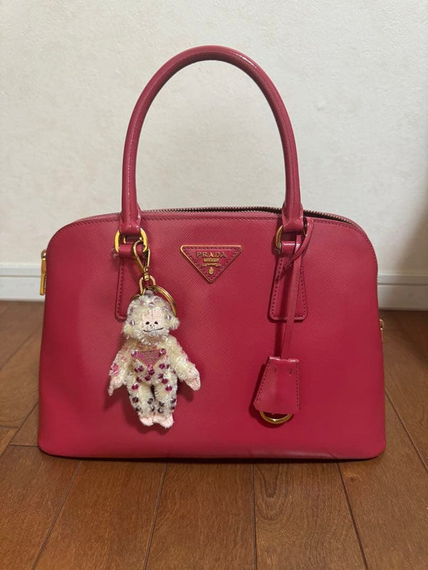Prada Saffiano Handbag Tote Shoulder Bag Pink Leather Charm