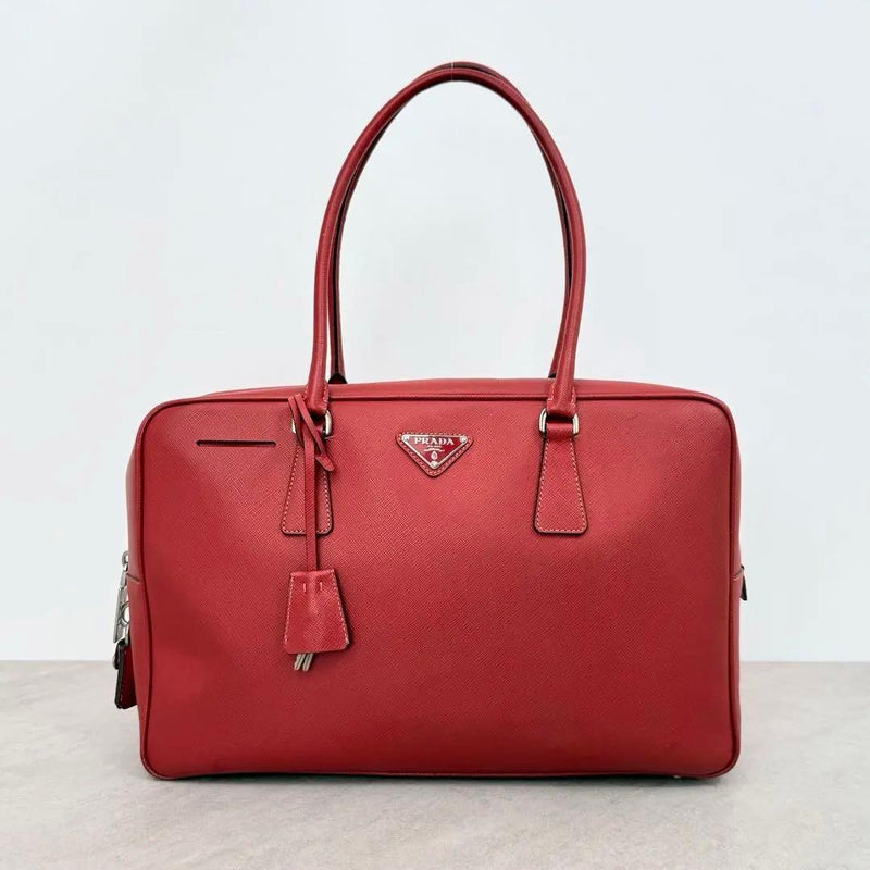 Prada BL0189 Saffiano Leather Boston Shoulder Bag Handbag Red