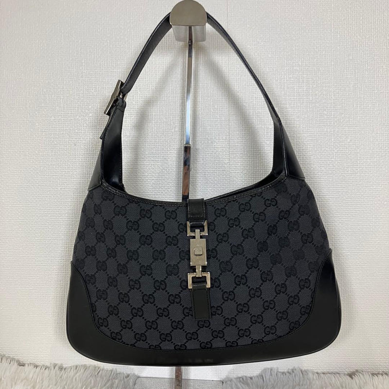 Gucci Gg Jackie One Shoulder Bag Black Leather Canvas Vintage Hardware