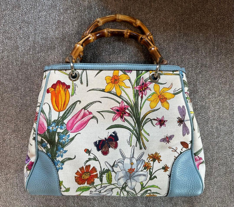 Gucci Bamboo Flora 2-way Handbag Canvas Leather Multicolor Gold Hardware
