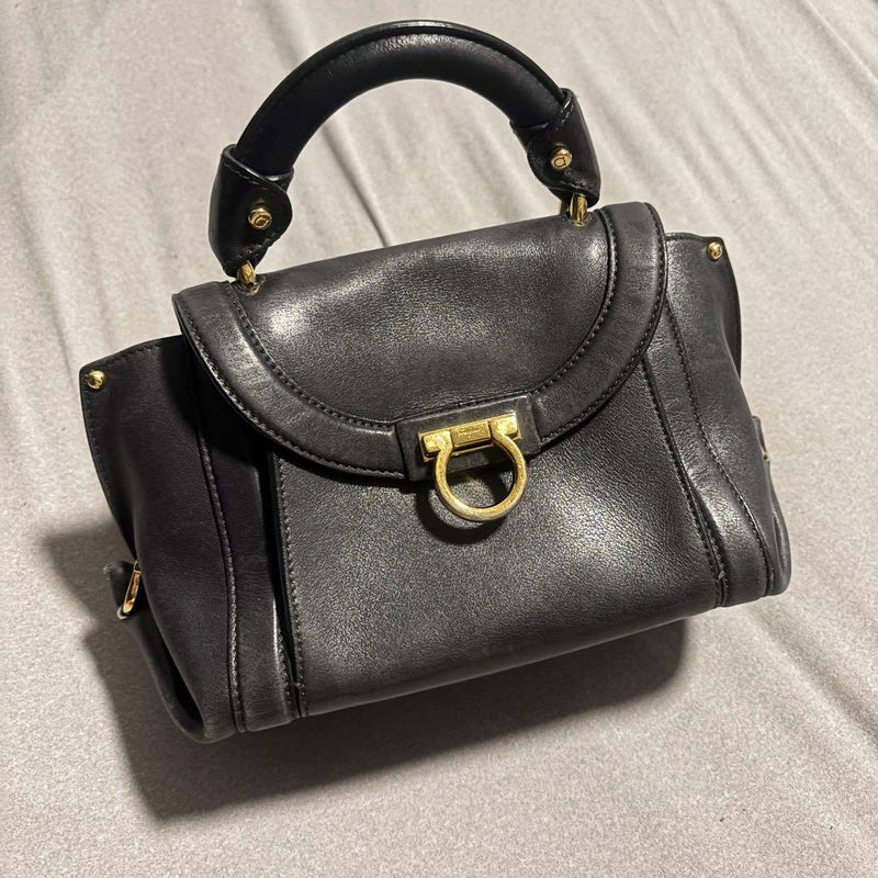 Salvatore Ferragamo Sofia 2-Way Handbag Calf Leather Black Gold Hardware