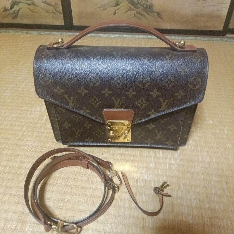 Louis Vuitton Monogram SR1011 Handbag Brown Leather Gold Hardware