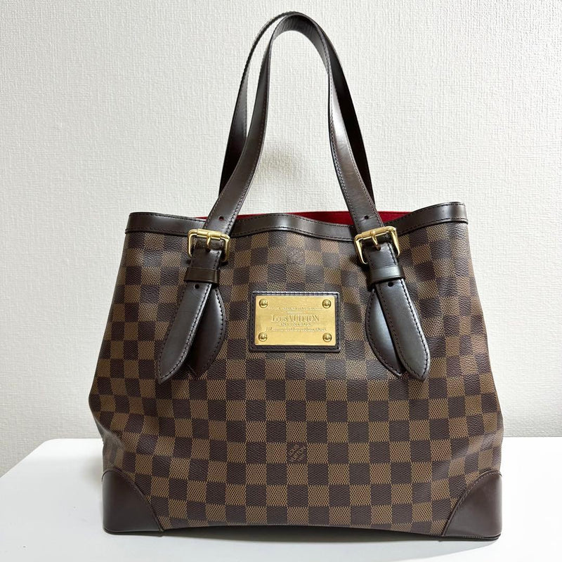 Louis Vuitton Damier Hampstead Mm Handbag Brown Leather Gold Hardware