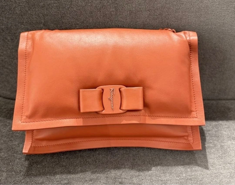 Salvatore Ferragamo Viva Bow Chain Shoulder Bag Orange Leather