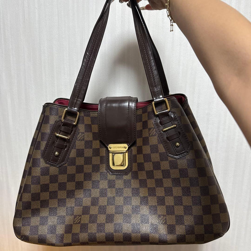 Brown Checkered Leather Handbag Tote Gold Hardware Wine Red Interior