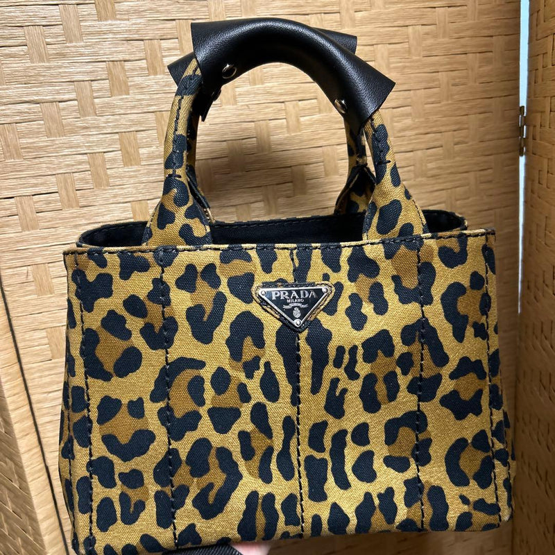 Prada Canapa Tote Bag Canvas Brown Leopard Print Shoulder Strap