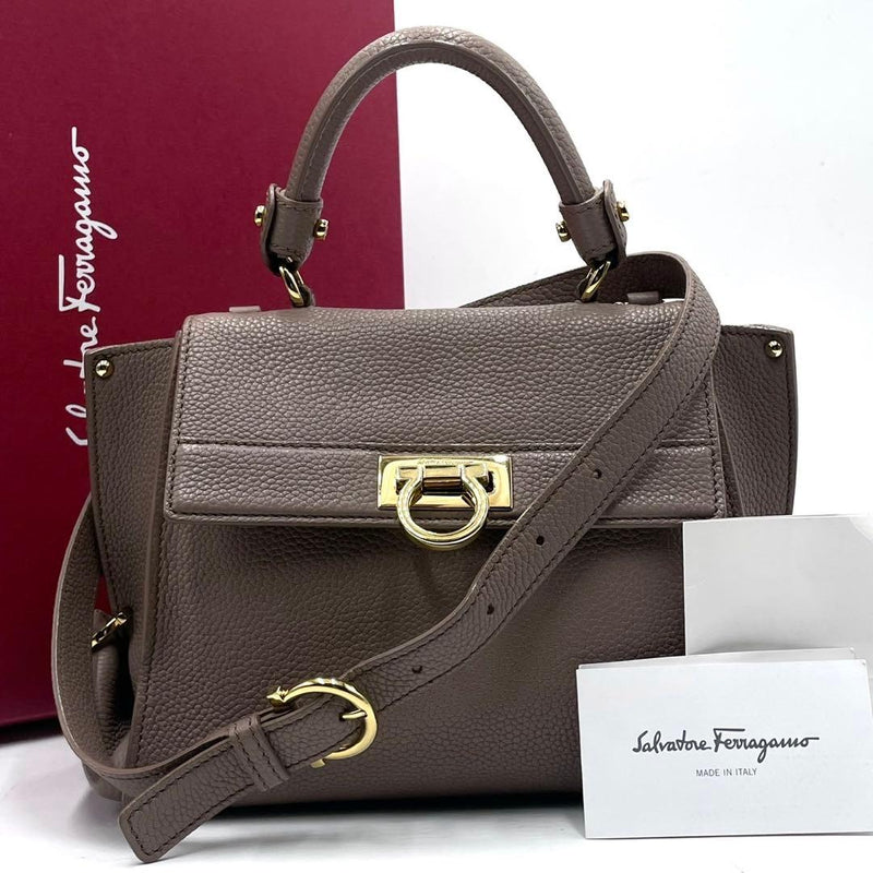 Salvatore Ferragamo Sofia Gancini 2 Way Handbag Shoulder Leather Taupe