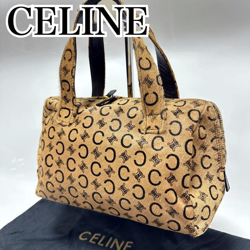 Celine Macadam Mini Boston Bag Hair Calfskin Leather Beige Brown Handbag