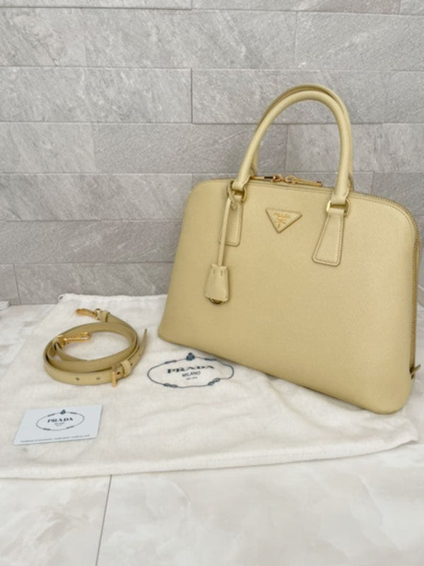 Prada Saffiano Handbag Shoulder Bag Leather Yellow