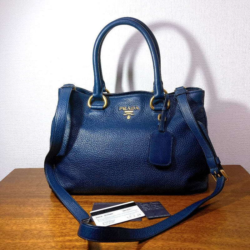Prada 1BA878 Tote Handbag Shoulder Bag Navy Leather