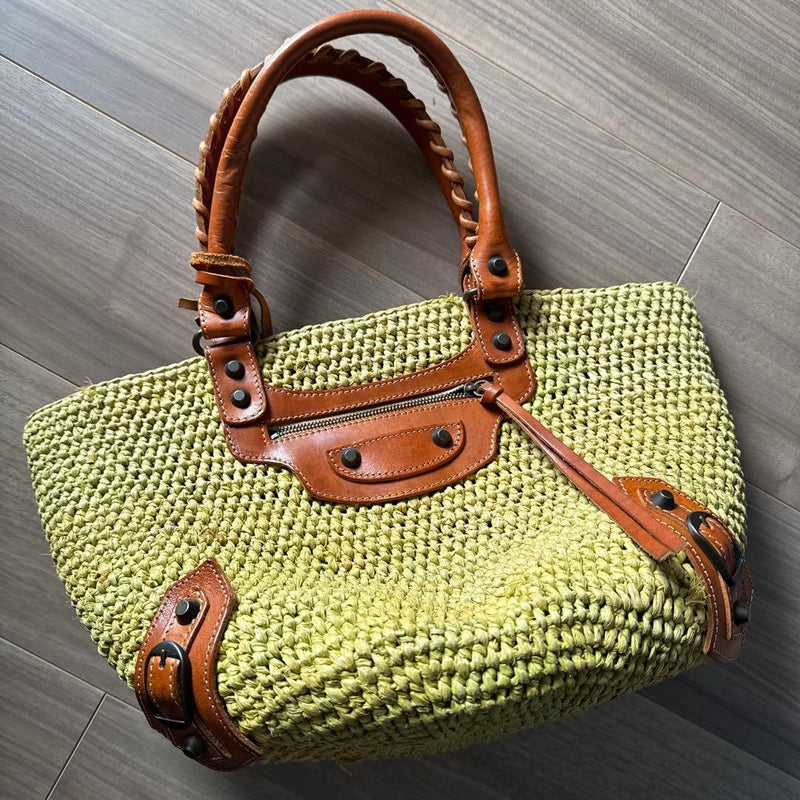 Balenciaga Handbag Shoulder Bag Straw Leather Yellow-green Studs