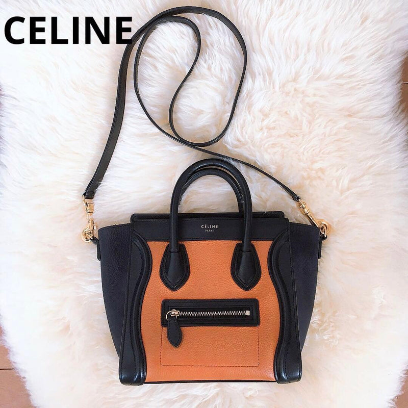 Celine Luggage Nano Shopper Handbag Calfskin Black Orange Gold Hardware